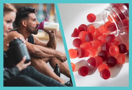Two people drinking protein shakes, with gummy supplements placed nearby.
